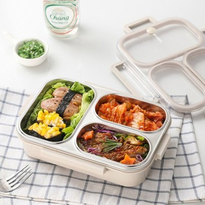 [실온] 도시락통 스텐 런치박스 소풍도시락 3단 베이지